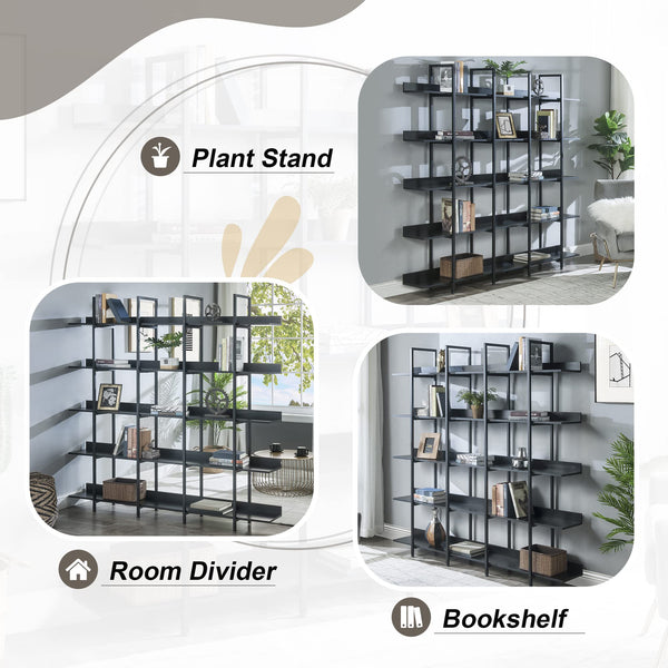5-Shelf Industrial Open Bookcase with Metal Frame