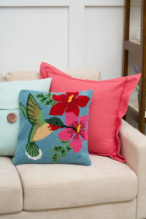 Hummingbird Floral Hooked Accent Throw Pillow 16" x 16" Multicolored