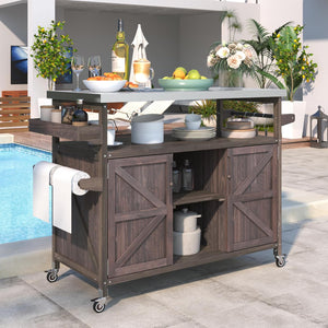 Outdoor Grill Cart with Storage, Rolling Bar Cart and Lockable Wheels, Farmhouse Solid Wood Outdoor Grill Table with Stainless Steel Top, Spice Rack, Towel Rack for Kitchen and BBQ, Grey Blue