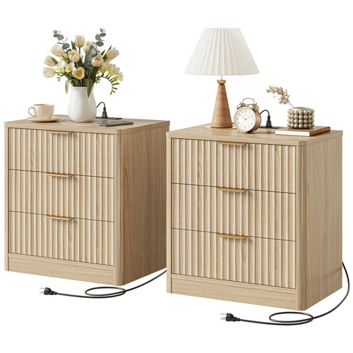 Fluted Nightstand Set of 2 with Charging Station & 3 Drawers