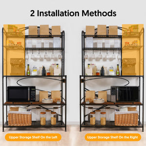 Large Bakers Rack for Kitchen, 40-inch Wide Coffee Bar Station with Power Outlet, 5 Tier Microwave Stand Storage Shelf with S-Shaped Hooks, Metal Frame with Brown Wood Tabletop