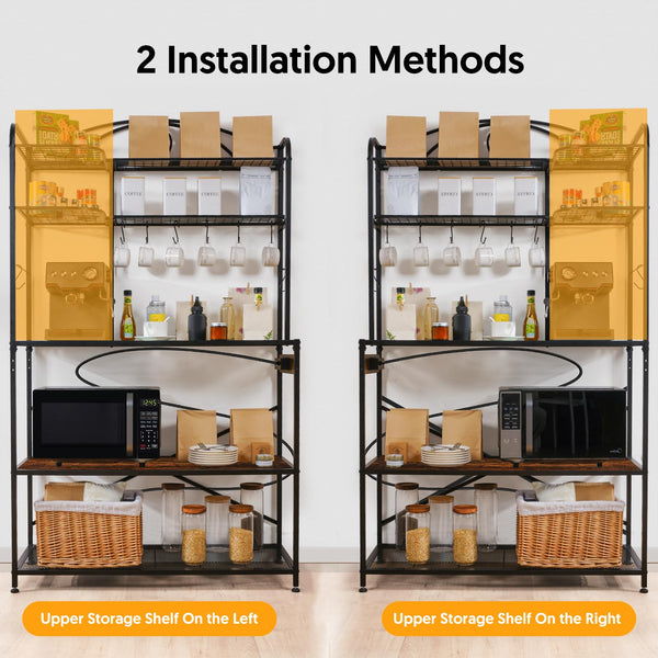 Large Bakers Rack for Kitchen, 40-inch Wide Coffee Bar Station with Power Outlet, 5 Tier Microwave Stand Storage Shelf with S-Shaped Hooks, Metal Frame with Brown Wood Tabletop