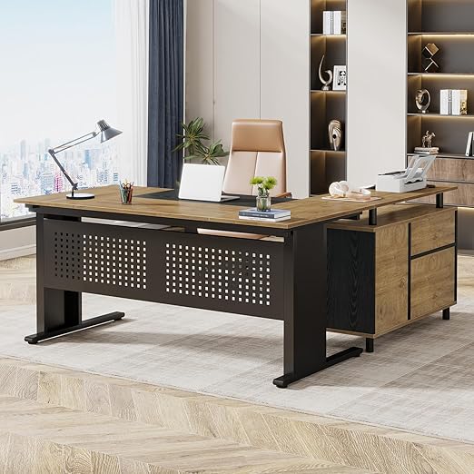 L-Shaped Executive Desk with File Cabinet & Storage Shelves