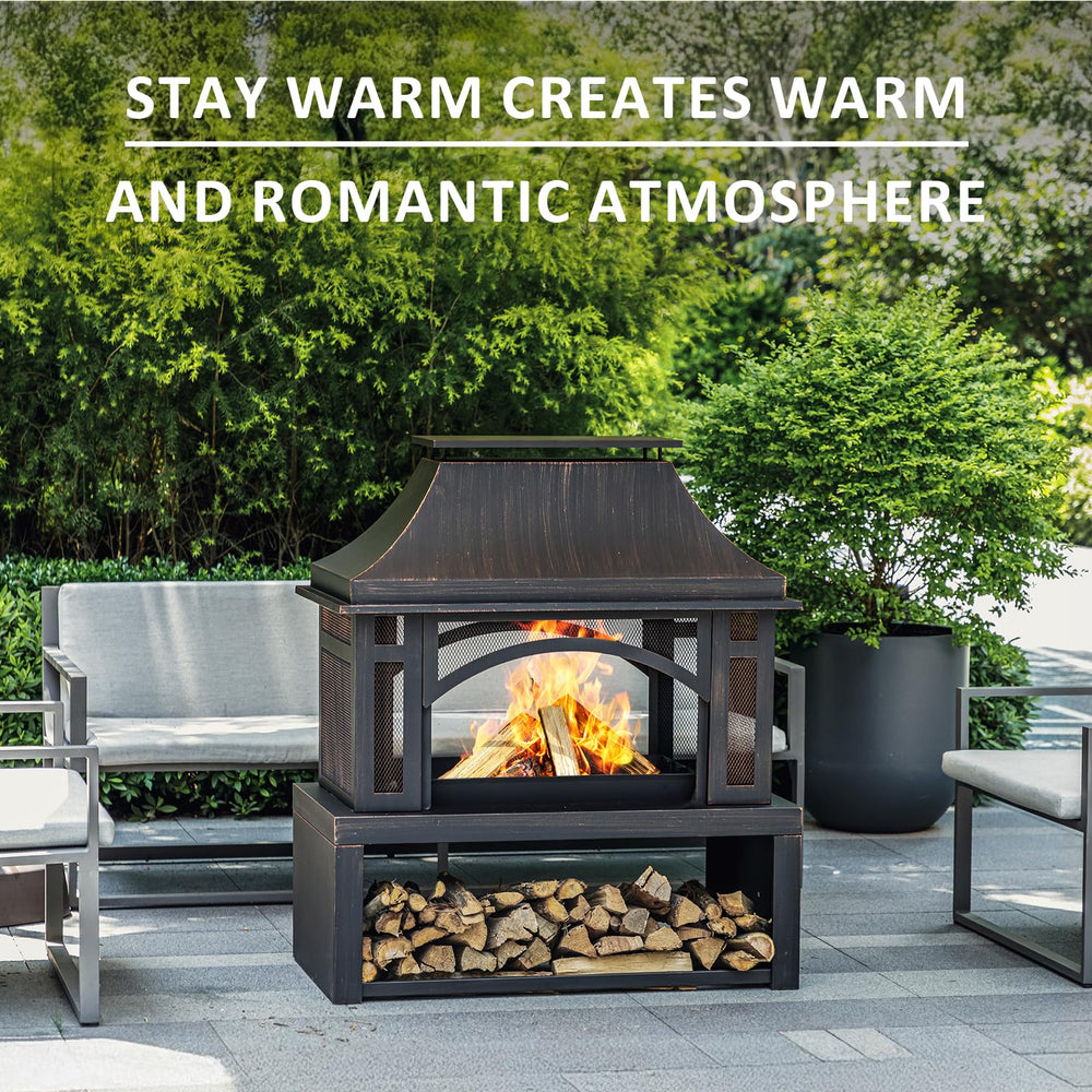 39" Outdoor Wood Burning Fire Pit with Chimney & Wood Storage