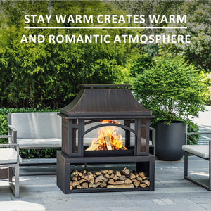 39" Outdoor Wood Burning Fire Pit with Chimney & Wood Storage