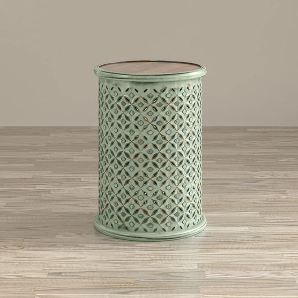 Round Drum End Table – Hand-Carved Mango Wood