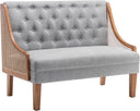 Mid-Century Modern Settee Loveseat with Rattan Arms & Tufted Linen Back
