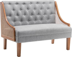 Mid-Century Modern Settee Loveseat with Rattan Arms & Tufted Linen Back
