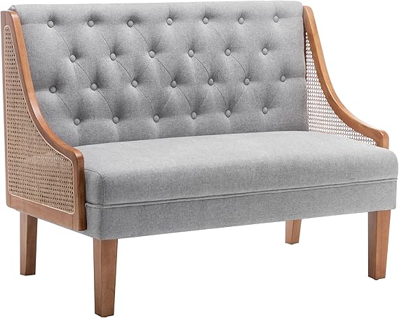 Mid-Century Modern Settee Loveseat with Rattan Arms & Tufted Linen Back