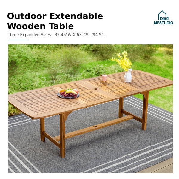 Expandable Acacia Wood Outdoor Dining Set with Cushioned Chairs