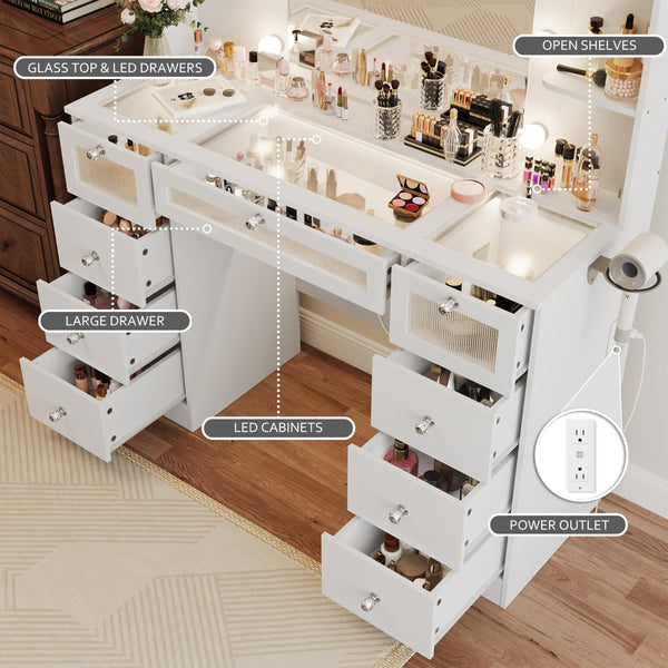 White Vanity Desk with Lighted Mirror, Glass Top & 9 Drawers