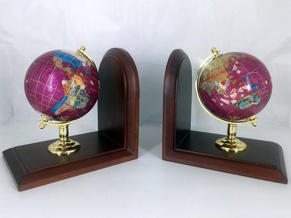 Pink Pearl Gemstone World Globe Bookends