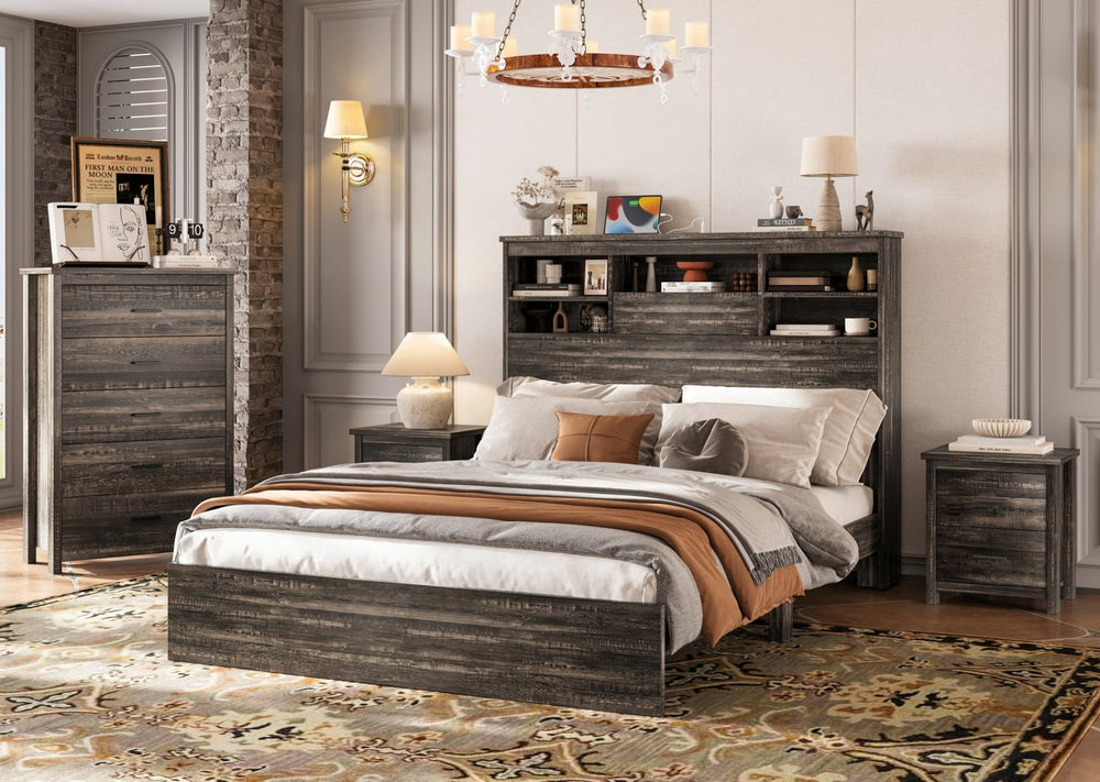 Queen Size Bedroom Set with Dresser & 2 Nightstands – Platform Bed with USB Charging & Storage Headboard