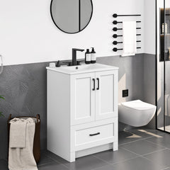 24.5" Freestanding Bathroom Vanity with Ceramic Sink, 2 Doors & Drawer – White