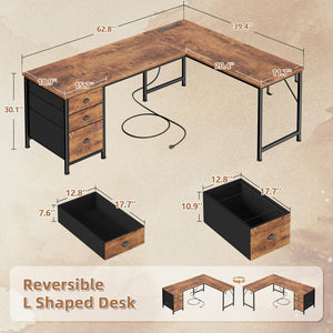 L-Shaped Computer Desk with Power Outlet & USB-C, File Cabinet, Fabric Drawers