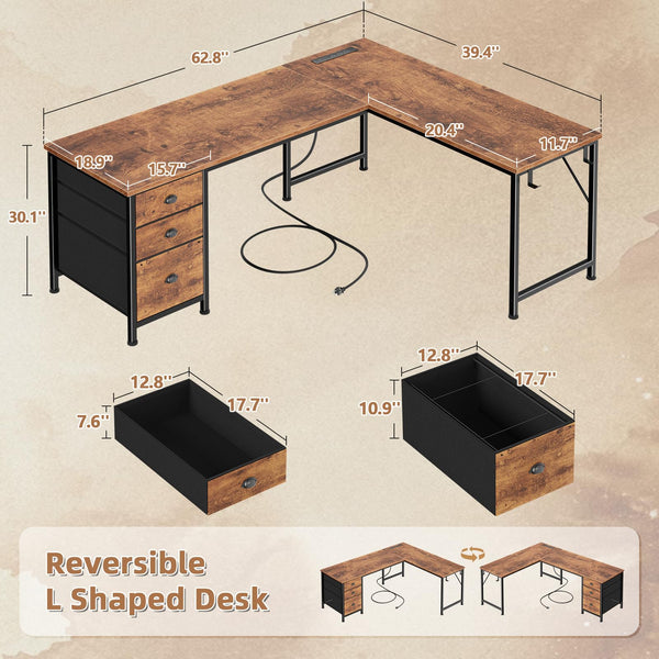 L-Shaped Computer Desk with Power Outlet & USB-C, File Cabinet, Fabric Drawers