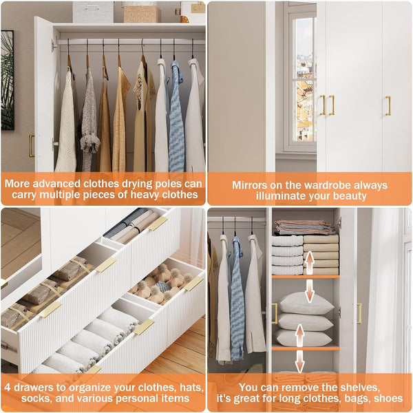 3-Door Wardrobe Armoire with Mirror, LED Lights & Drawers