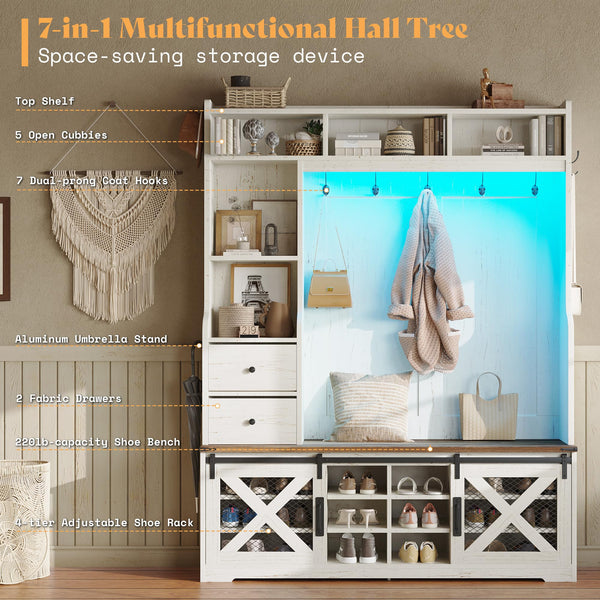 Farmhouse Hall Tree with Bench & Shoe Storage