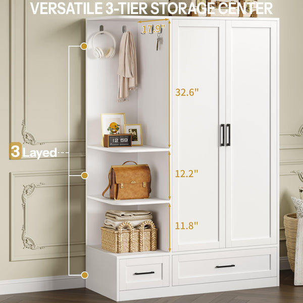 Double Door Wardrobe Closet with Drawers & Open Shelves
