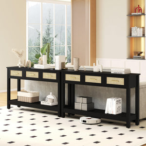 Rattan Console Table with 3 Drawers – Narrow Entryway Sofa Table with Storage