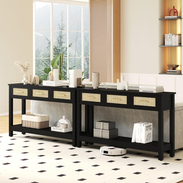 Rattan Console Table with 3 Drawers – Narrow Entryway Sofa Table with Storage