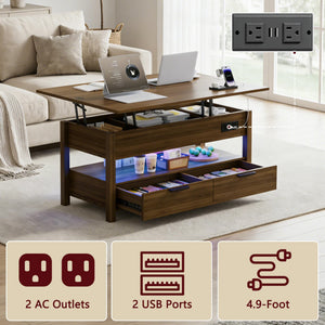 Lift Top Coffee Table with Power Outlets, LED Lights & Storage