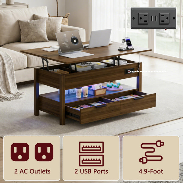 Lift Top Coffee Table with Power Outlets, LED Lights & Storage