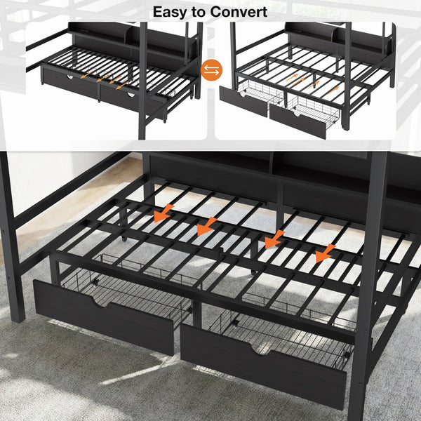 Queen Over Queen Bunk Bed with Storage Drawers, LED Lights & Charging Station