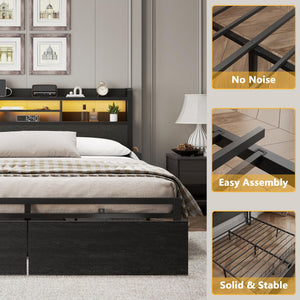 Platform Bed Frame with Storage Drawers, LED Lights & Charging Station