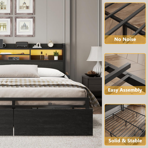 Platform Bed Frame with Storage Drawers, LED Lights & Charging Station