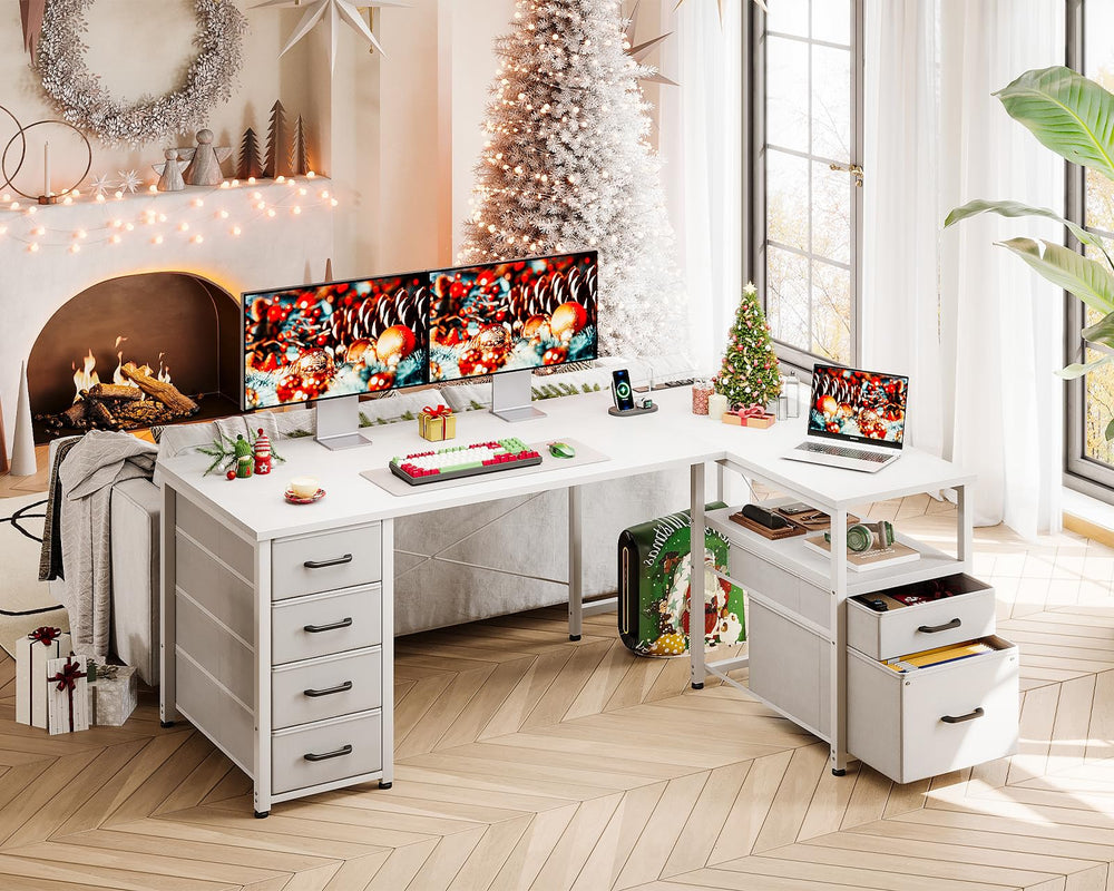 L-Shaped Corner Desk with Drawers & Power Outlet