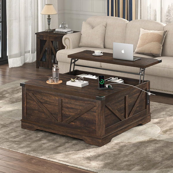 40" Square Farmhouse Lift Top Coffee Table with Power Outlets & Hidden Storage