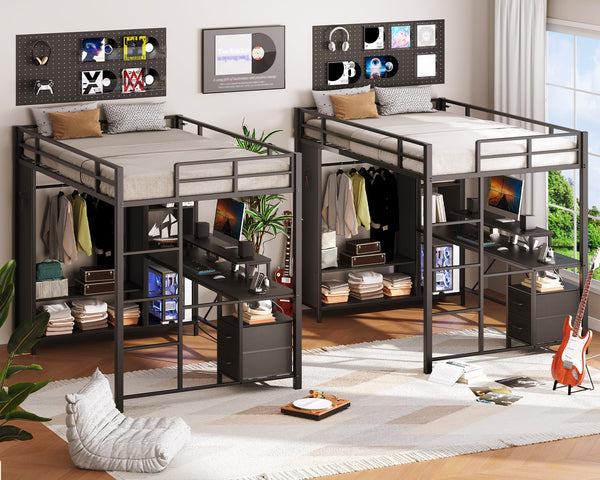Twin Size Loft Bed with Desk, Wardrobe & Charging Station