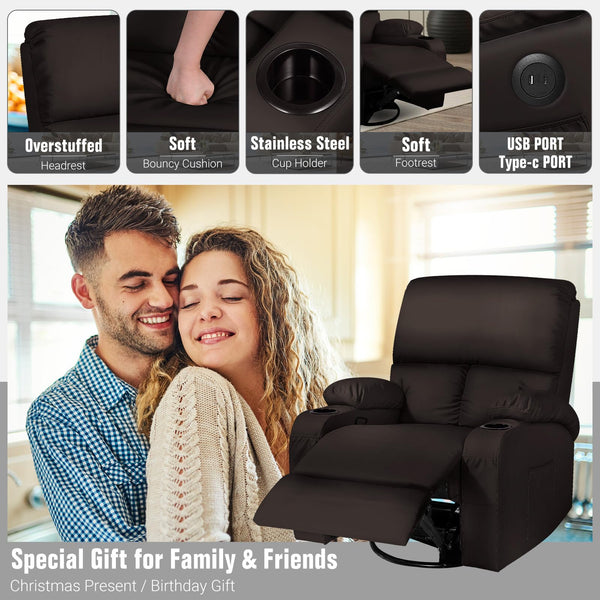 Swivel Rocker Recliner Chair with Massage, Heat & USB Charging