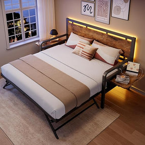 Twin Daybed with Pop-Up Trundle, RGB LED Headboard & Charging Station