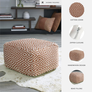 Handwoven Geometric Pouf Ottoman – Orange & White
