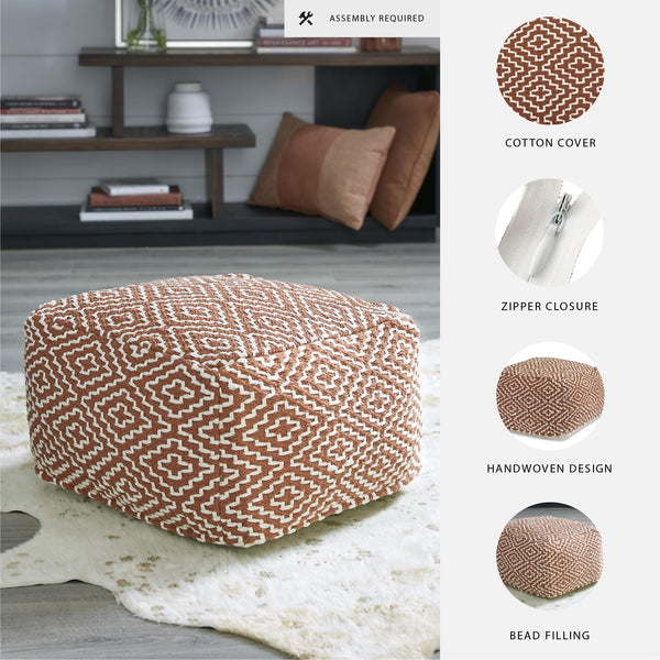Handwoven Geometric Pouf Ottoman – Orange & White