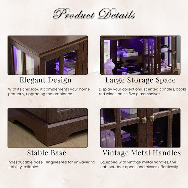 4-Door LED Glass Curio Cabinet with Adjustable Shelves