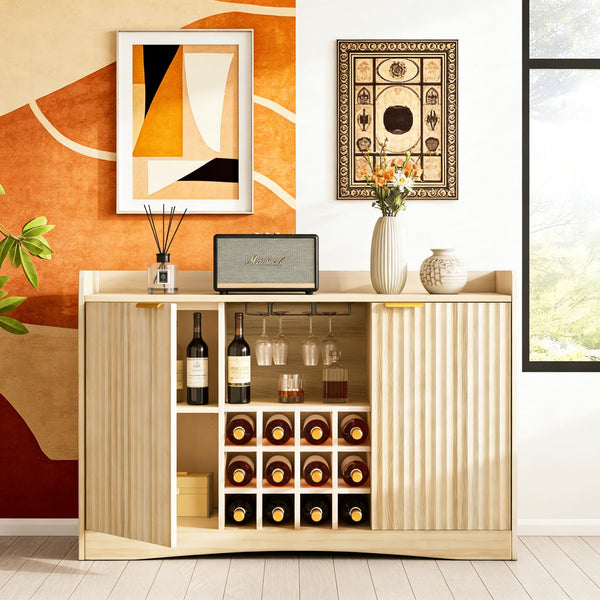 47" Fluted Wine Bar Cabinet with Glass Holder & Wine Rack