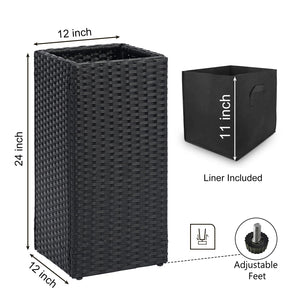 Tall Square Rattan Planter Box Set of 2 with Removable Liner – 12x12x24 Inch