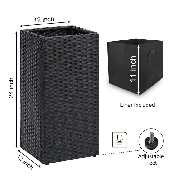 Tall Square Rattan Planter Box Set of 2 with Removable Liner – 12x12x24 Inch