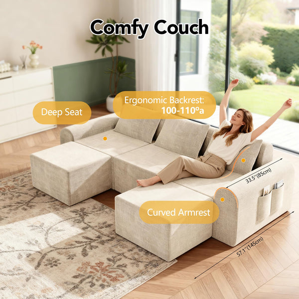 Modular Cloud Sectional Sofa with Ottomans – Beige