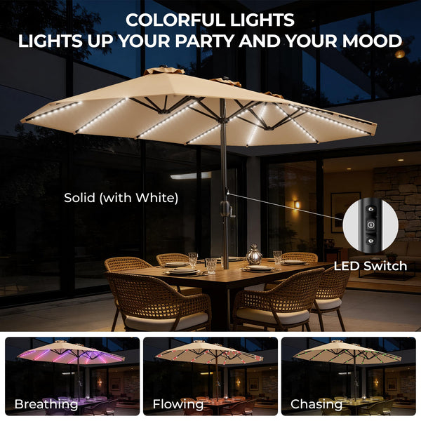 15ft Double-Sided Patio Umbrella with Base & RGB LED Lights