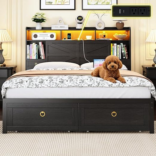 Platform Bed Frame with LED Lights, Storage Headboard & Charging Station