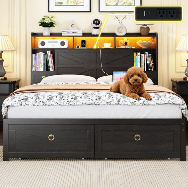 Platform Bed Frame with LED Lights, Storage Headboard & Charging Station