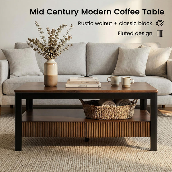 Mid-Century Solid Wood Fluted Coffee Table with Drawers & Open Shelf