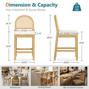 Upholstered Rattan Bar Stools – Solid Wood Counter Height Stools with Chenille Seat