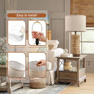 Natural Rattan Table Lamps Set of 2 with Linen Shade
