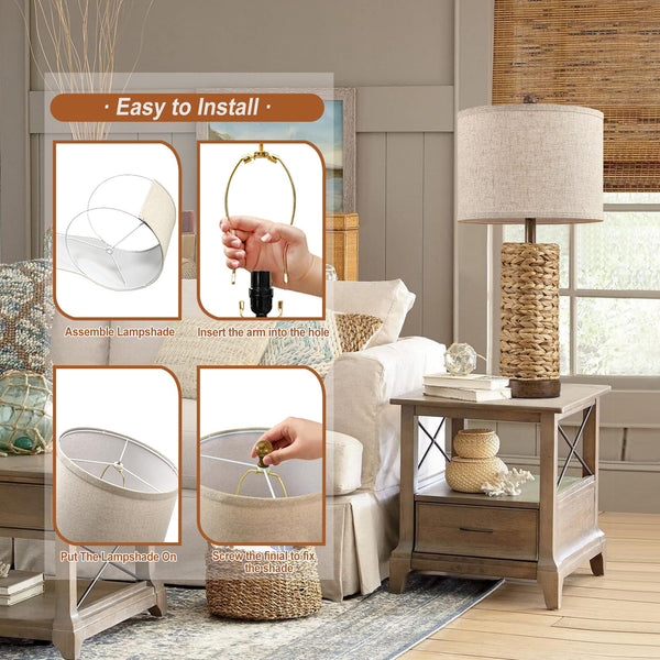 Natural Rattan Table Lamps Set of 2 with Linen Shade