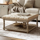 Upholstered Rectangular Ottoman with Spindle Legs & Storage Shelf